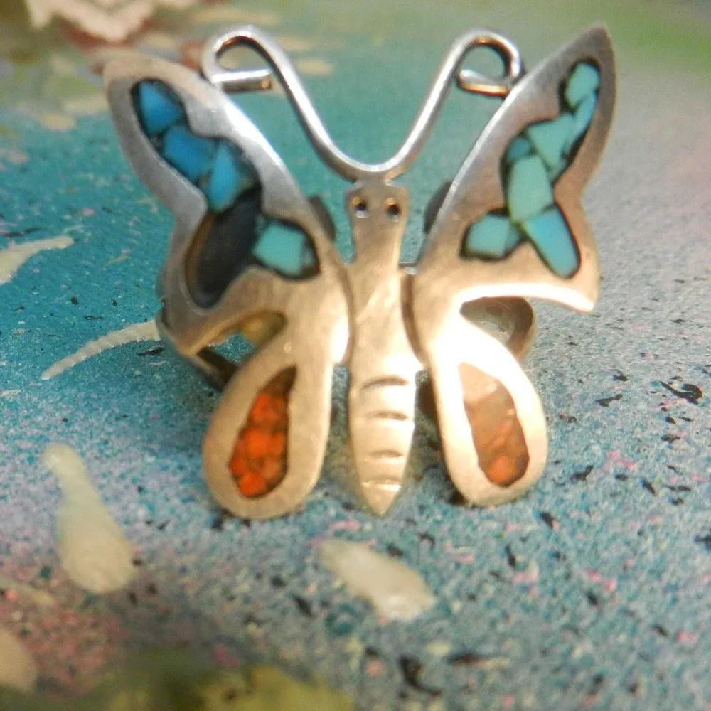 VTG Sterling silver butterfly ring Navajo artisan turquoise garnet nature sz 11